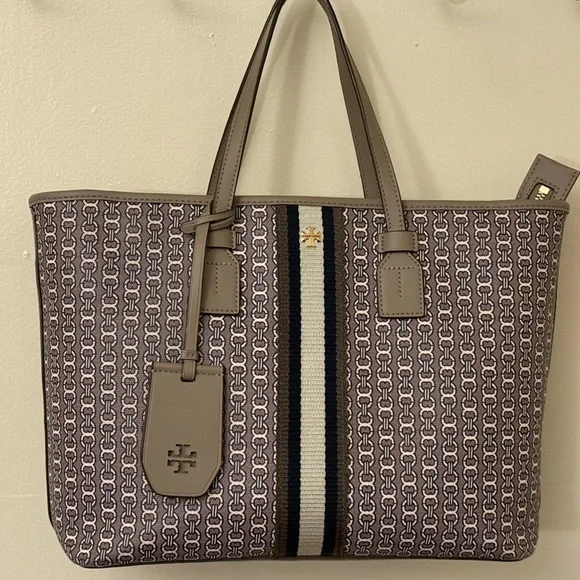 Tory Burch Tan and Black Tote Bag with Monogram Pattern - Picture 1 of 9